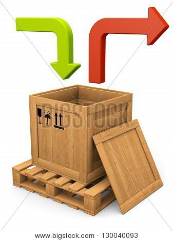 Data communication concept. Open wooden box with on pallet and lid. Packing signs print. Green and red bent arrows. isolated on white.