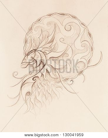 drawing of ornamental animal on old paper background