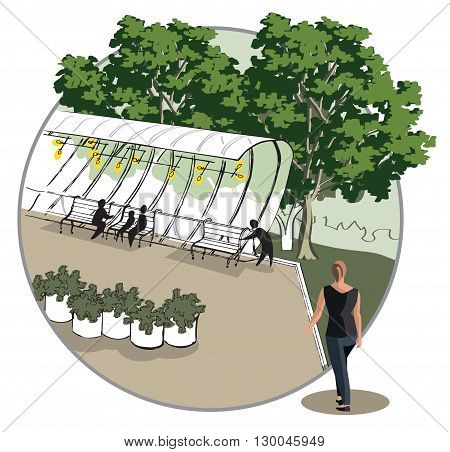 sketch of a relaxation area with a gazebo and benches in a circle