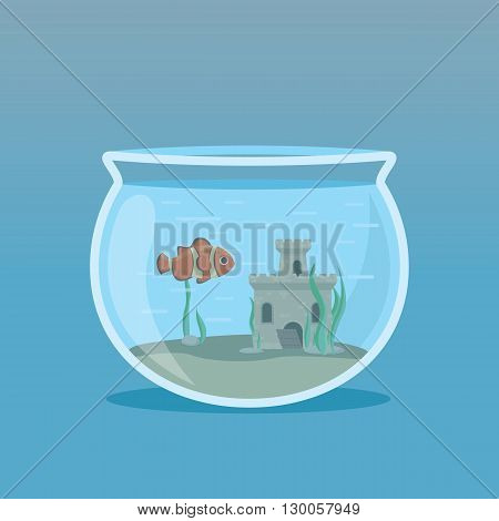 Clown Fish in an aquarium with algae and castles underwater. Vector illustrations.