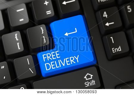Free Delivery Button. Free Delivery Keypad on Black Keyboard. PC Keyboard with Hot Key for Free Delivery. A Keyboard with Blue Button - Free Delivery. 3D Illustration.