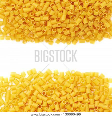 Set of pile of dry ditalini yellow pasta over isolated white background, different foreshortenings