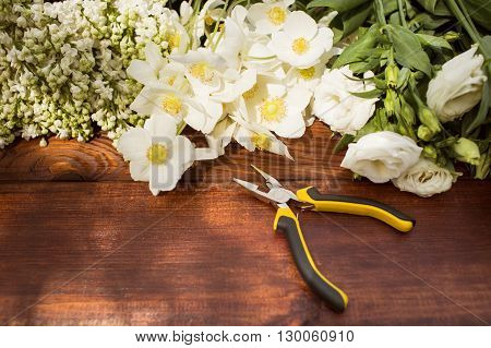 Gardening Tools, Plants And Soil On Vintage Wooden Table. Spring In The Garden Concept Background Wi