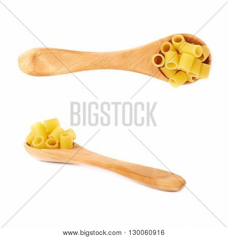 Set of wooden spoon filled with dry ditalini yellow pasta over isolated white background, different foreshortenings