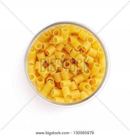 Glass jar filled with dry ditalini yellow pasta over isolated white background