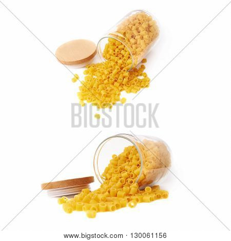 Set of glass jar filled with dry ditalini yellow pasta over isolated white background, different foreshortenings