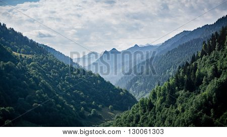 Ushguli, Georgia - August 3, 2015: Part of Greater Caucasus mountains in Ushguli region, Georgia