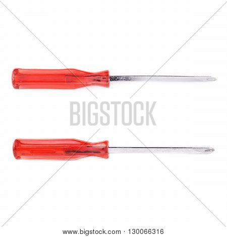 Set of cruciform screwdriver with the red handle isolated over white background, different foreshortenings
