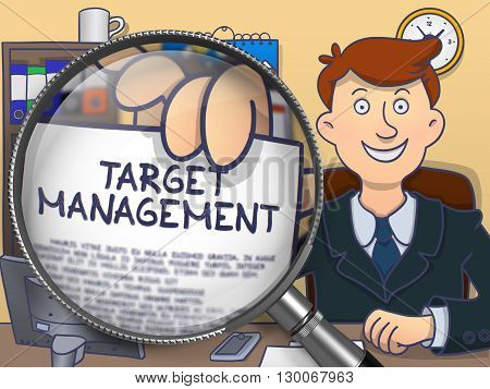 Target Management. Business Man Shows Paper with Inscription through Magnifier. Multicolor Doodle Style Illustration.