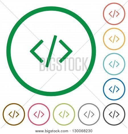 Set of programming code color round outlined flat icons on white background