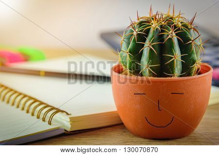 Beautiful cactus and blurred mix of office supplies on wooden table