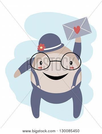 Happy Humpty Dumpty with envelope over blue sky isolated on white background