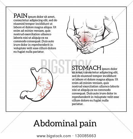 Abdominal pain in men, stomach and bowel disease, digestive problems, sick intestines, sketch hand-drawn image of the man holding his sick stomach, detailed image of the stomach, health problem