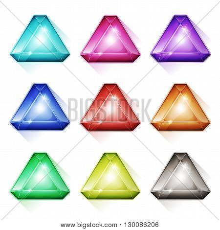 Illustration of a set of glossy and bright cartoon triangle gems stones diamonds minerals crystal jewels and assets icons for luxury imagery and puzzle game ui