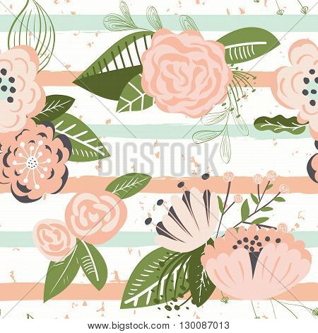 Flowers on striped seamless pattern. Horizontal brush strokes repeating background. Vector illustration.