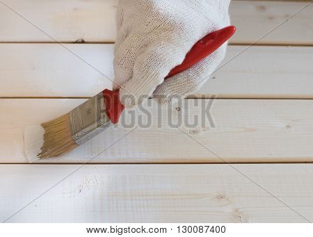 painting with white paint the wooden lining of pine