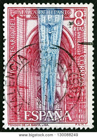 SPAIN - CIRCA 1971: a stamp printed in the Spain shows Holy League Banner in Cathedral 400th Anniversary of the Battle of Lepanto against the Turks circa 1971