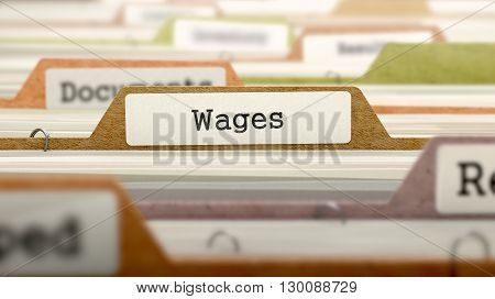 Wages Concept on Folder Register in Multicolor Card Index. Closeup View. Selective Focus. 3D Render.