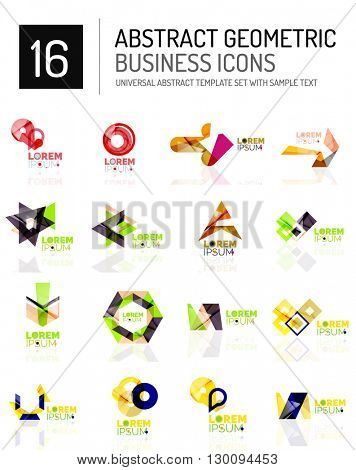 Abstract geometric business logo icon set. Colorful geometrical figure compositions with light effects - triangles circles rings arrows lines