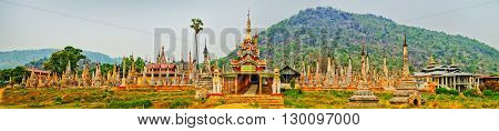Buddhist pagoda Takhaung Mwetaw in Sankar. Myanmar. Panorama