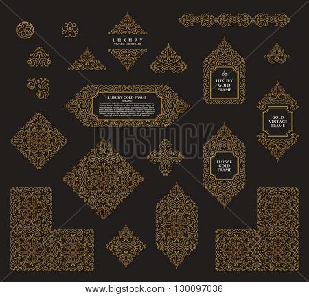 Arabic vector set of frames and lines of art design template. Muslim gold outline elements and emblems. Eastern floral frame. Logos line pattern for menu, postcard, restaurant, wedding invitation