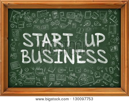 Green Chalkboard with Hand Drawn Start Up Business with Doodle Icons Around. Line Style Illustration.