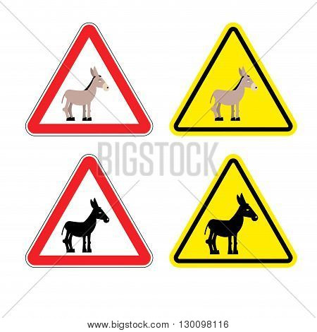 Warning Sign Attention Donkey. Dangers Yellow Sign Stupid Man. Ass On Red Triangle. Set Of Road Sign