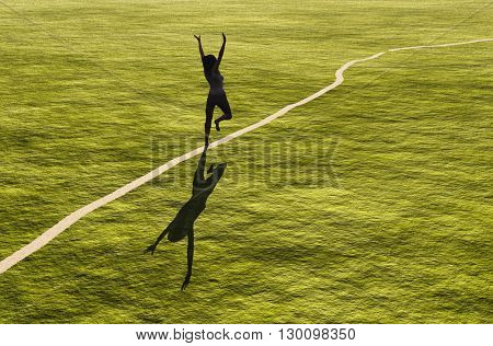 Girl waving his hands in the field.,3d render
