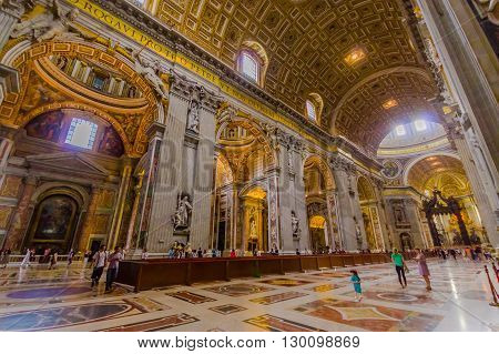 VATICAN, ITALY - JUNE 13, 2015: Large main hall of Sain Peter Basilica in Vatican, indoors view.