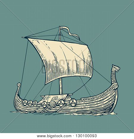 Drakkar floating on the sea waves.  Hand drawn design element sailing ship. Vintage vector engraving illustration for poster, label, postmark. Isolated on blue background