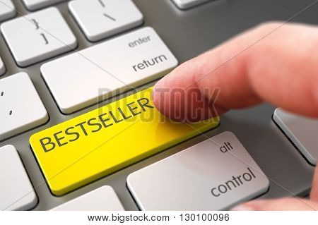 Bestseller Concept - White Keyboard with Key. Bestseller Concept. Bestseller Concept - Modernized Keyboard with Bestseller Button. Hand Finger Press Bestseller Key. 3D Render.