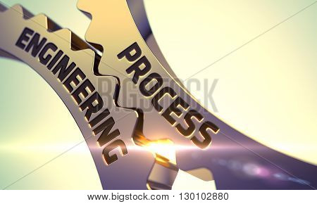 Process Engineering - Illustration with Lens Flare. Process Engineering Golden Gears. Process Engineering - Concept. Process Engineering on the Golden Metallic Cogwheels. 3D Render.