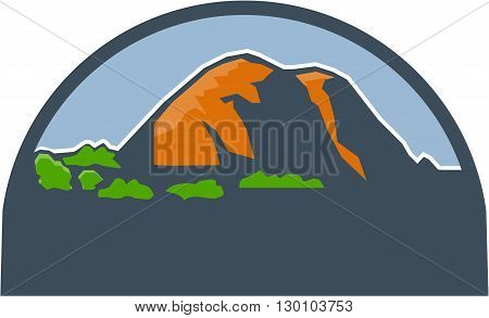 Illustration of mountains and trees scenery set inside half circle done in retro style.
