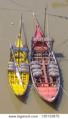 Old ships with portwine barrels in Porto Portugal
