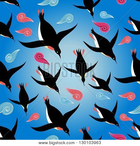 Vector illustration Beautiful pattern with penguins swimming in the sea