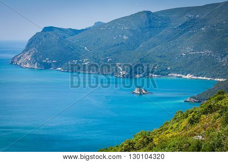 View of the beautiful coastal landscapes of the Arrabida region located on Setubal Portugal.