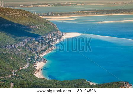 View of the beautiful coastal landscapes of the Arrabida region located on Setubal Portugal.
