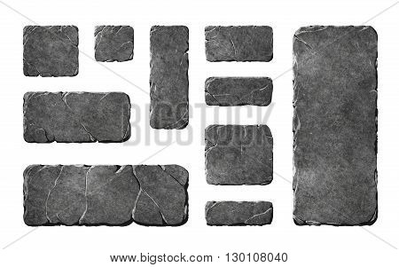A set of realistic stone interface buttons and fantasy elements. Textured tablets and panels.