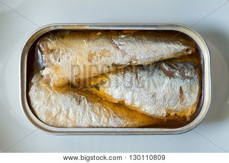An opened can of sardines or herring in oil