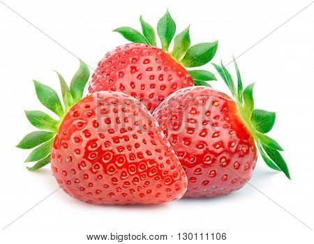Three perfectly cleaned strawberries with leaves isolated on the white background with clipping path