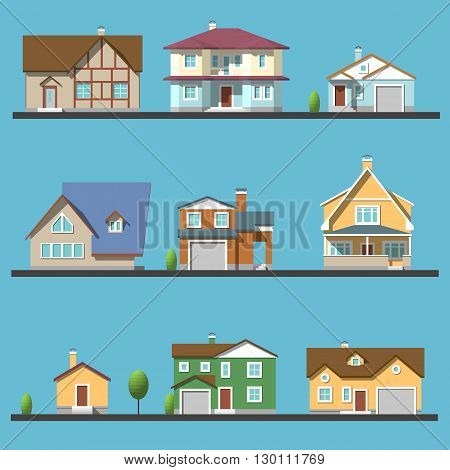 Colorful Flat Residential Houses, family house and apartment