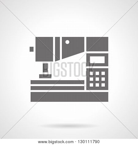 Computerized equipment for workshop. Sewing machine with digital control panel. Factory production with modern manufacture. Symbolic black glyph style vector icon.
