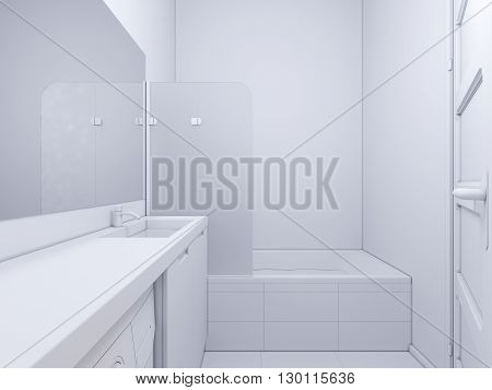 3d render of interior design bathroom. The illustration shows the bedside table with a mirror in white color under which there is a washing machine. Bath with water and glass shower curtain. In the mirror display doors in the hallway of the apartmen