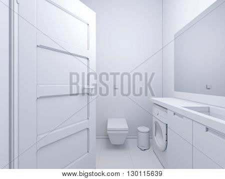 3d render of interior design bathroom. The illustration shows the bedside table with a mirror in white color under which there is a washing machine. Bath with water and glass shower curtain. In the mirror display doors in the hallway of the apartmen
