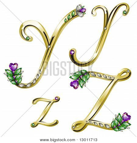 Vector Gold Alphabet With Diamonds And Gems Letters Y, Z