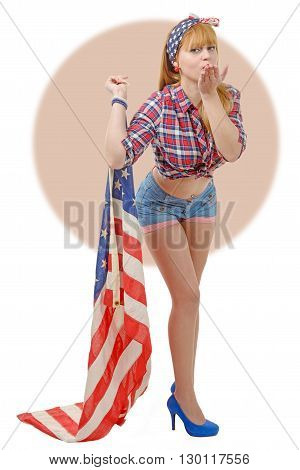 a sexy pin up girl holding an American flag.