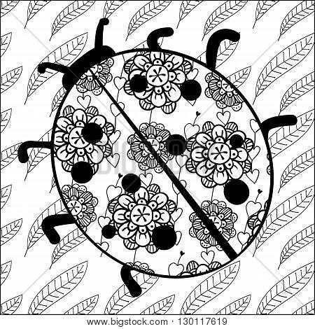 Adult coloring page. Vector doodle ladybug in black and white. Soft whimsical pattern.