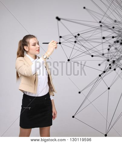 Worldwide network or wireless internet connection futuristic concept. Woman working with linked dots.