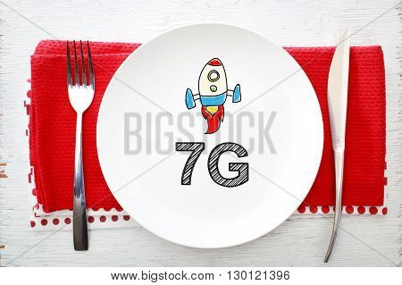 7G Concept On White Plate With Fork And Knife