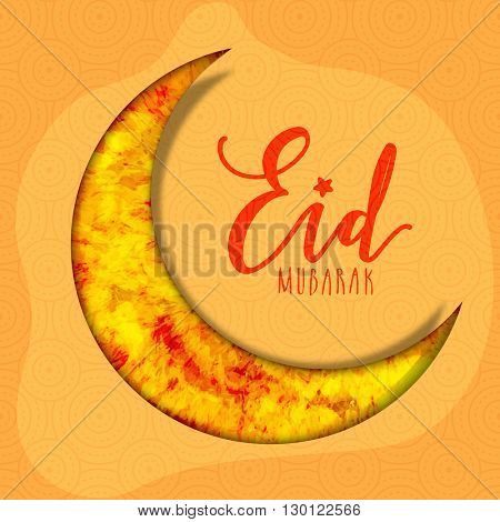 Creative Golden Crescent Moon with Red Splash on yellow background for Holy Festival of Muslim Community, Eid Mubarak celebration.
